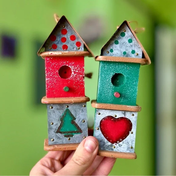 Vintage Festive Winter Handmade Wooden Bird House Wall Hanging Home Decor Set - Picture 8 of 8